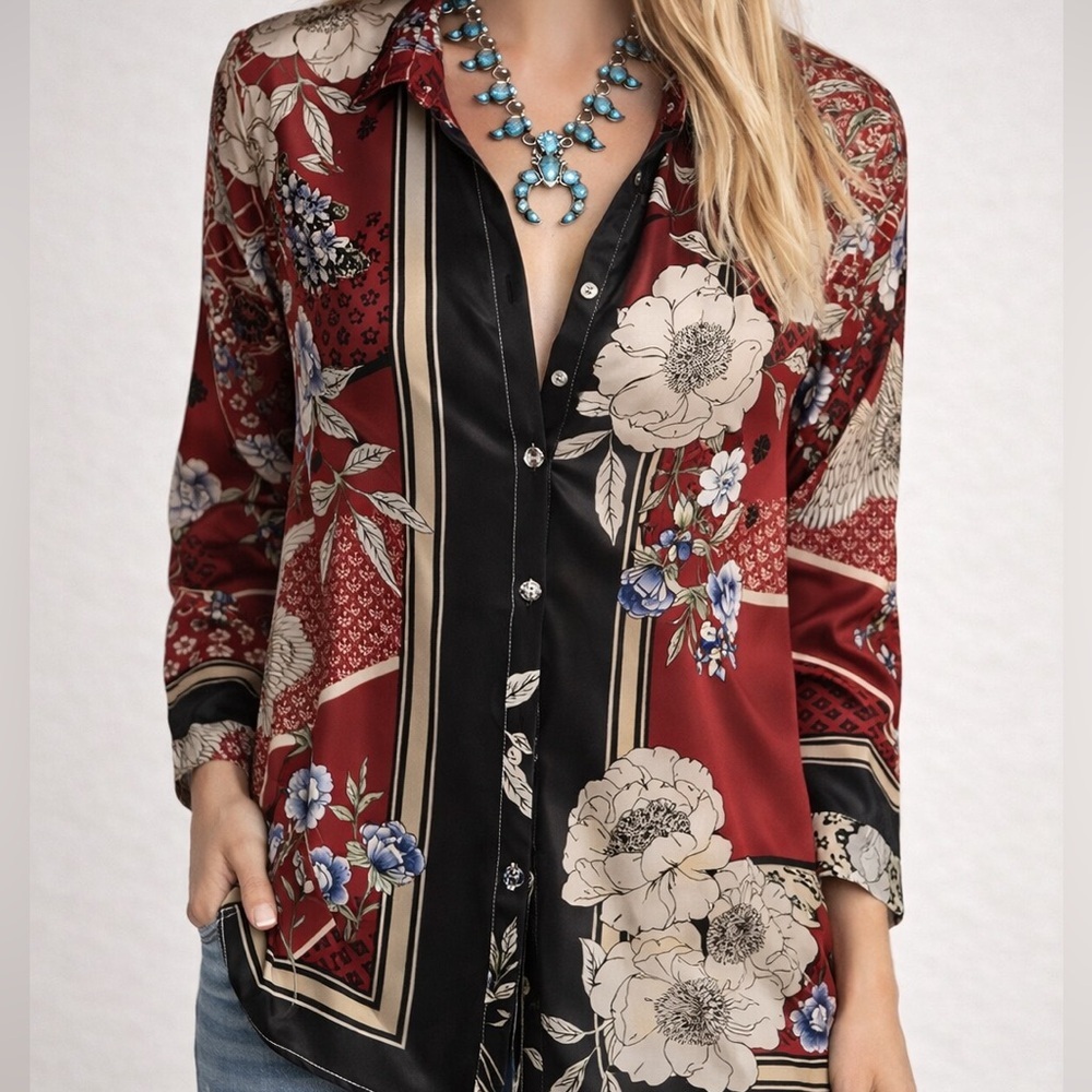 Johnny Was silk Crane Mallory Button Down NWT